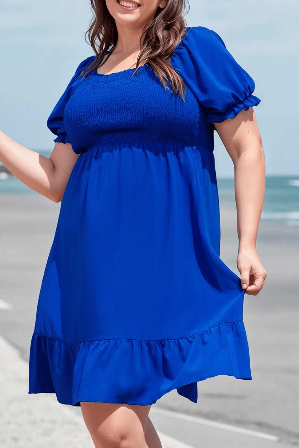 Plus Size Shirred Ruffled Square Neck Mini Dress