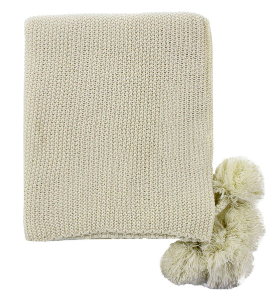 Natural Chunky Knit Pom Pom Throw Blanket