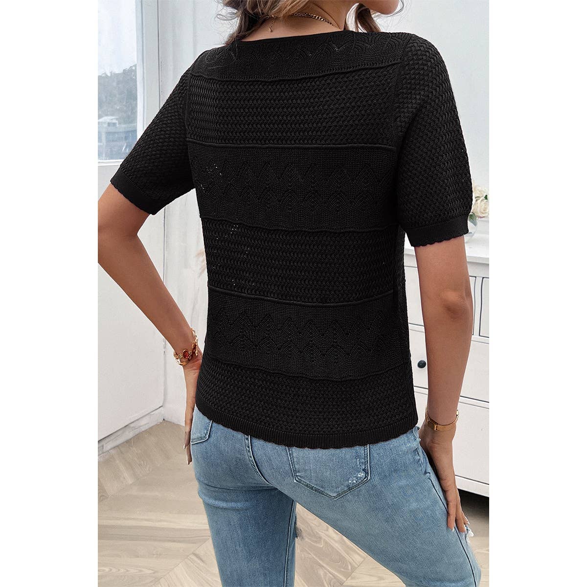 Crew Neck Hollow Lightweight Weaved Sweater Shirt
