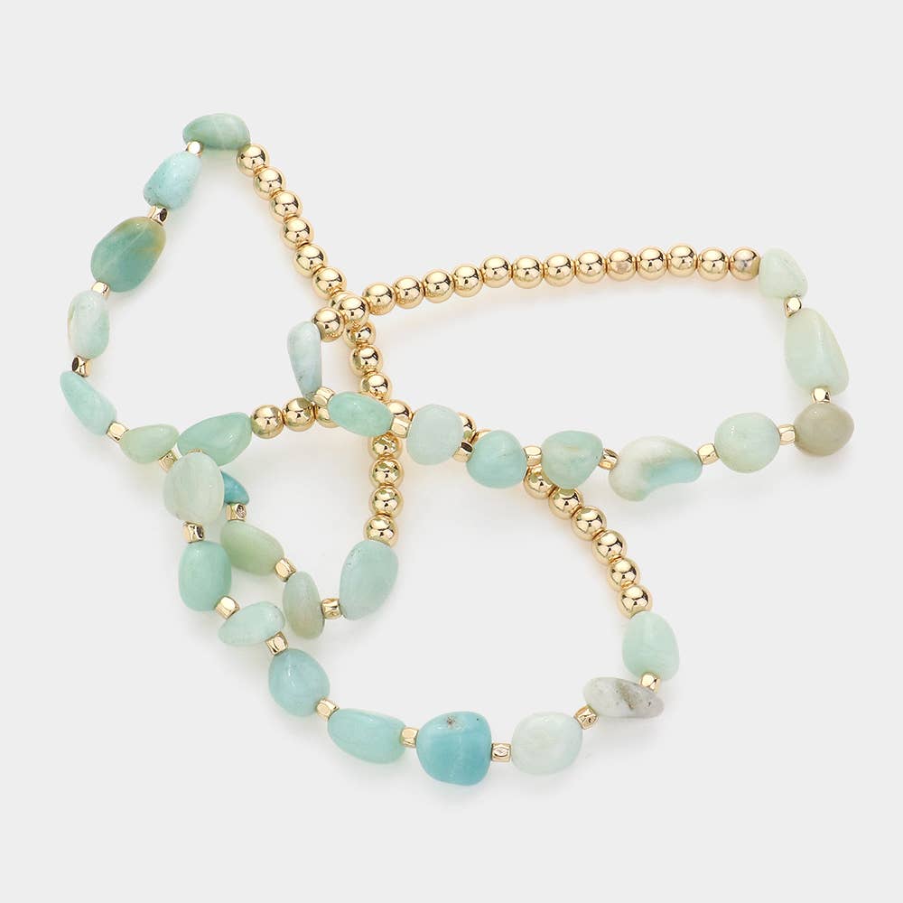 3PCS - Natural Stone Accented Metal Ball Beaded Stretch Multi Layered Bracelets