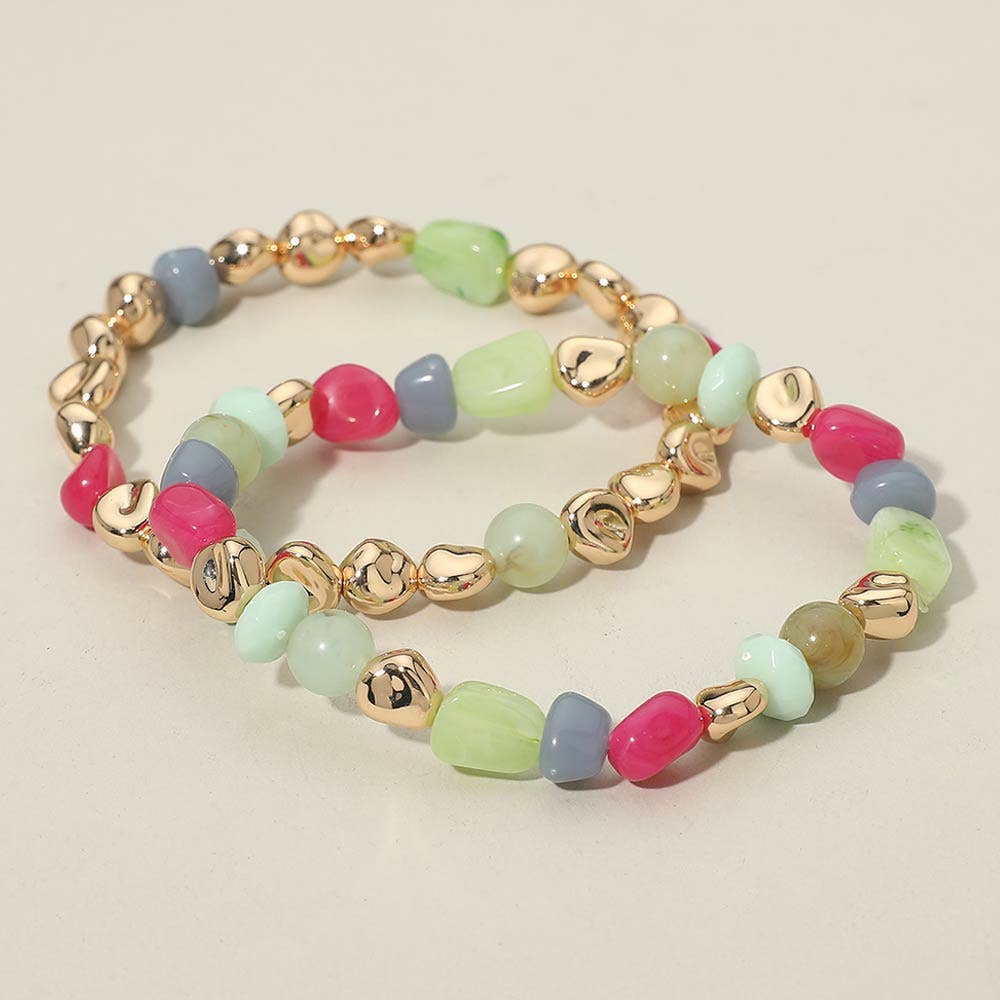 2PCS - Multicolor Pebble Beaded Stretch Multi Layered Bracelets