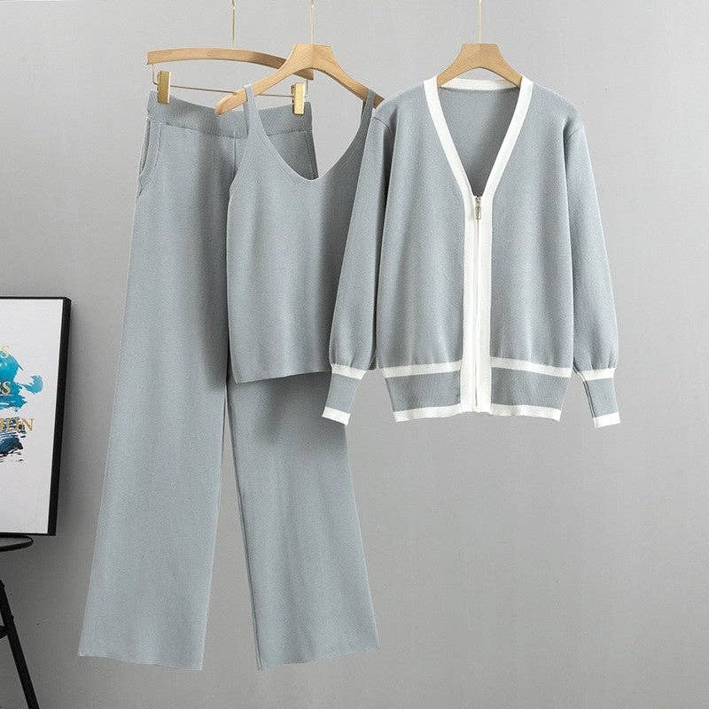 Knit Cardigan Camisole Wide Leg Pants Three-Piece Set