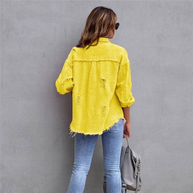 Mid-Length Solid Color Distressed Denim Jacket