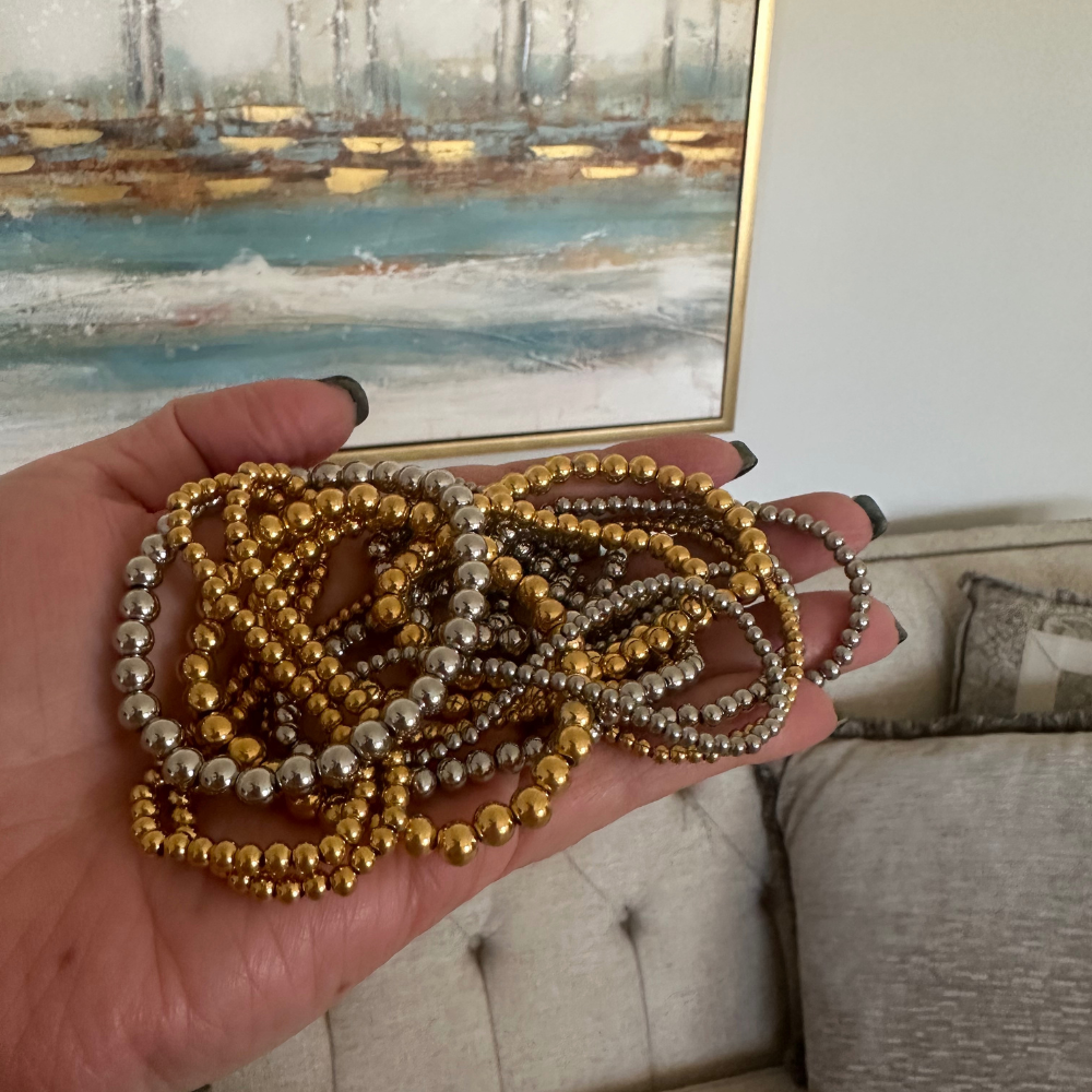 Silver Beaded Bracelet Water Resistant Non Tarnish