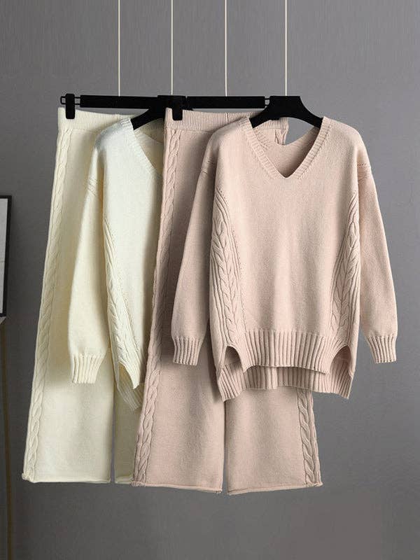 Urban Loose Solid Color V-Neck Sweater Tops& Wide Leg  Pants Suits