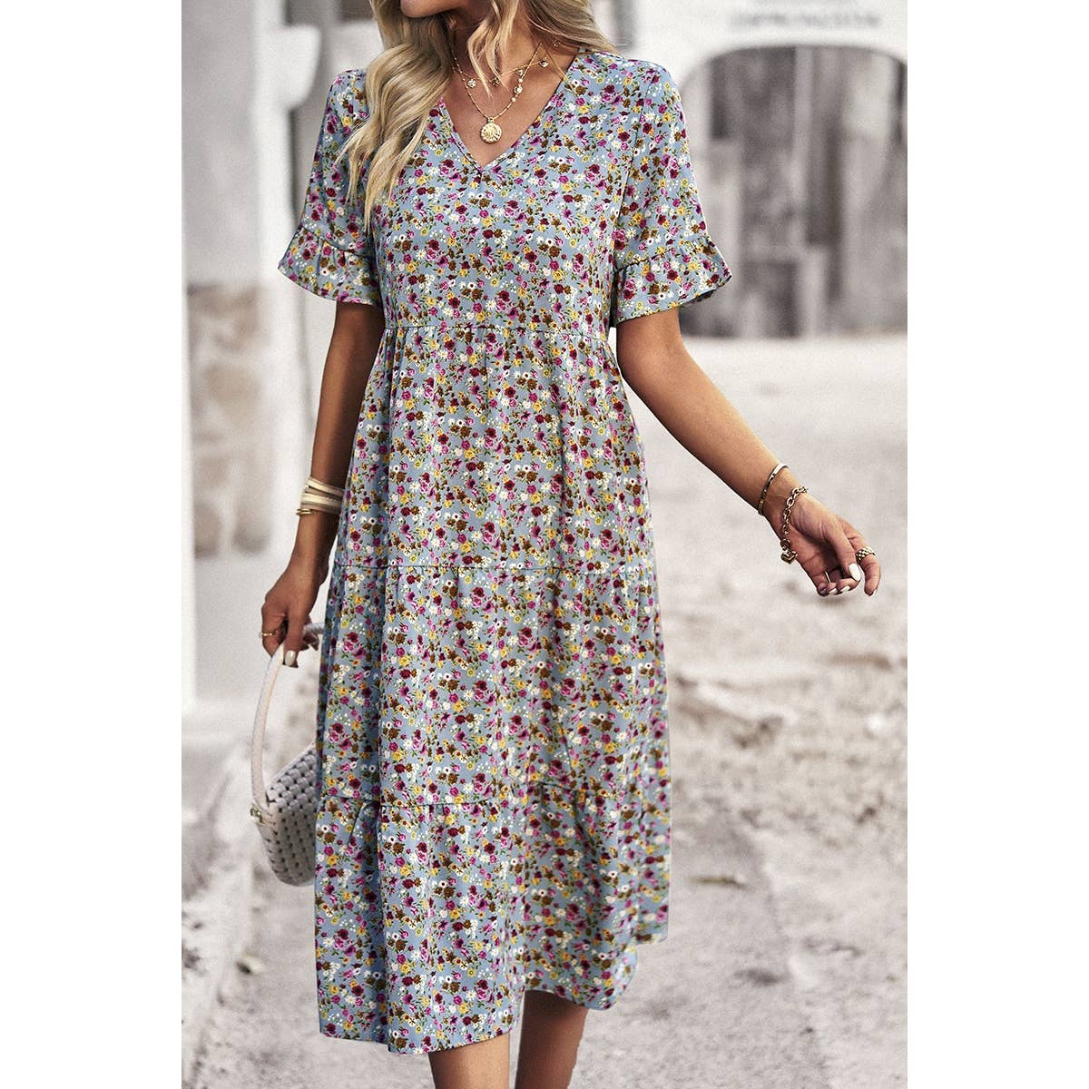 Floral Print Fit Ruffle Sleeve Midi Dress