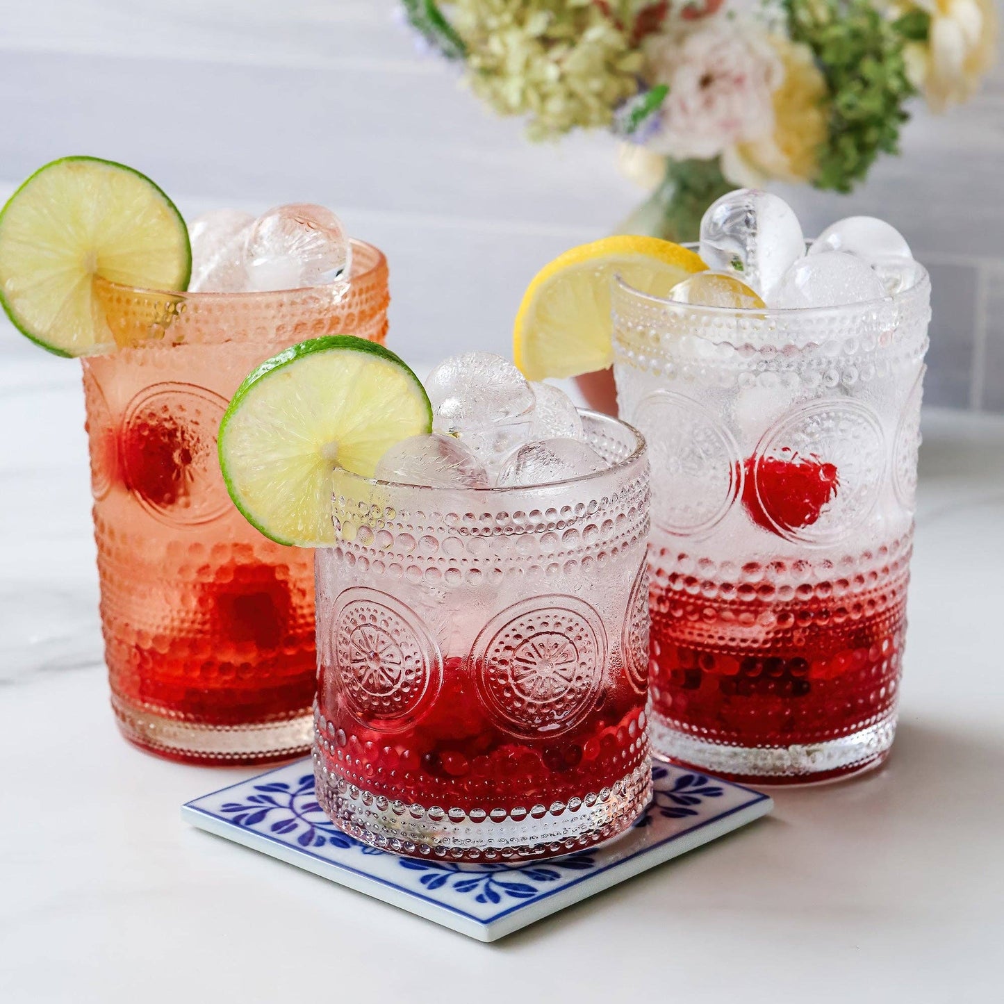 10 oz.Beaded Floral Clear Drinking Glasses (Set of