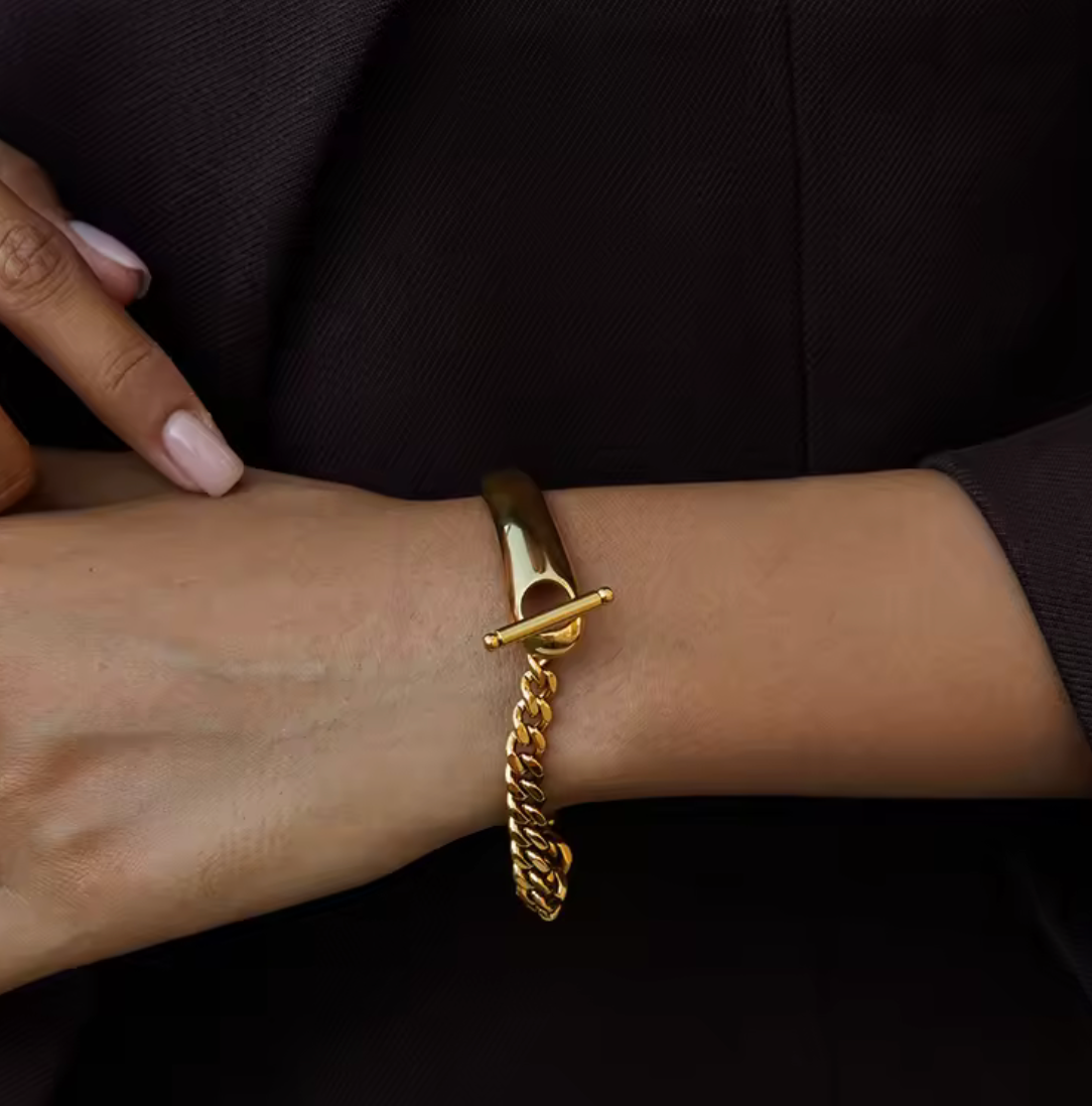 Double Cuff & Cuban Toggle Bracelet 14K Gold PVD Waterproof