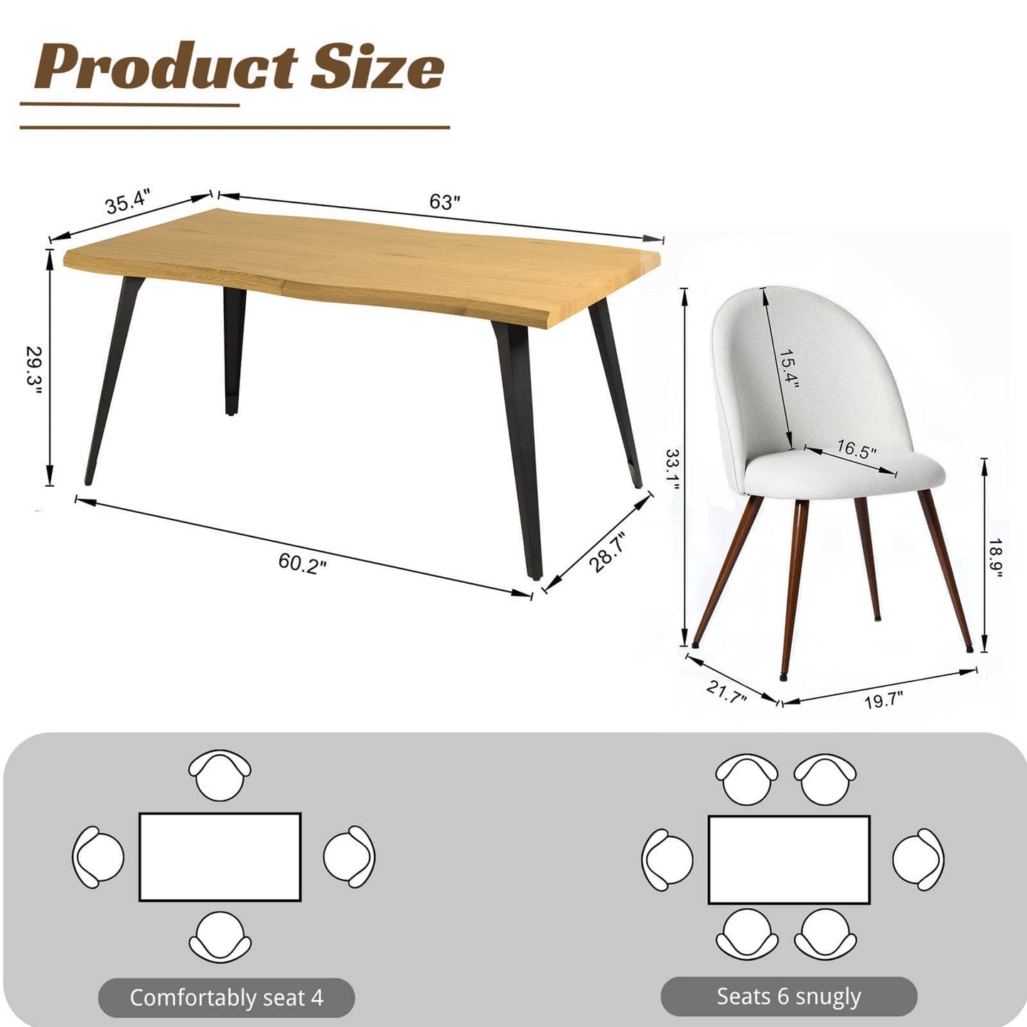 5-Piece Dining Set-63" Wave-Edge Table and Chair Options