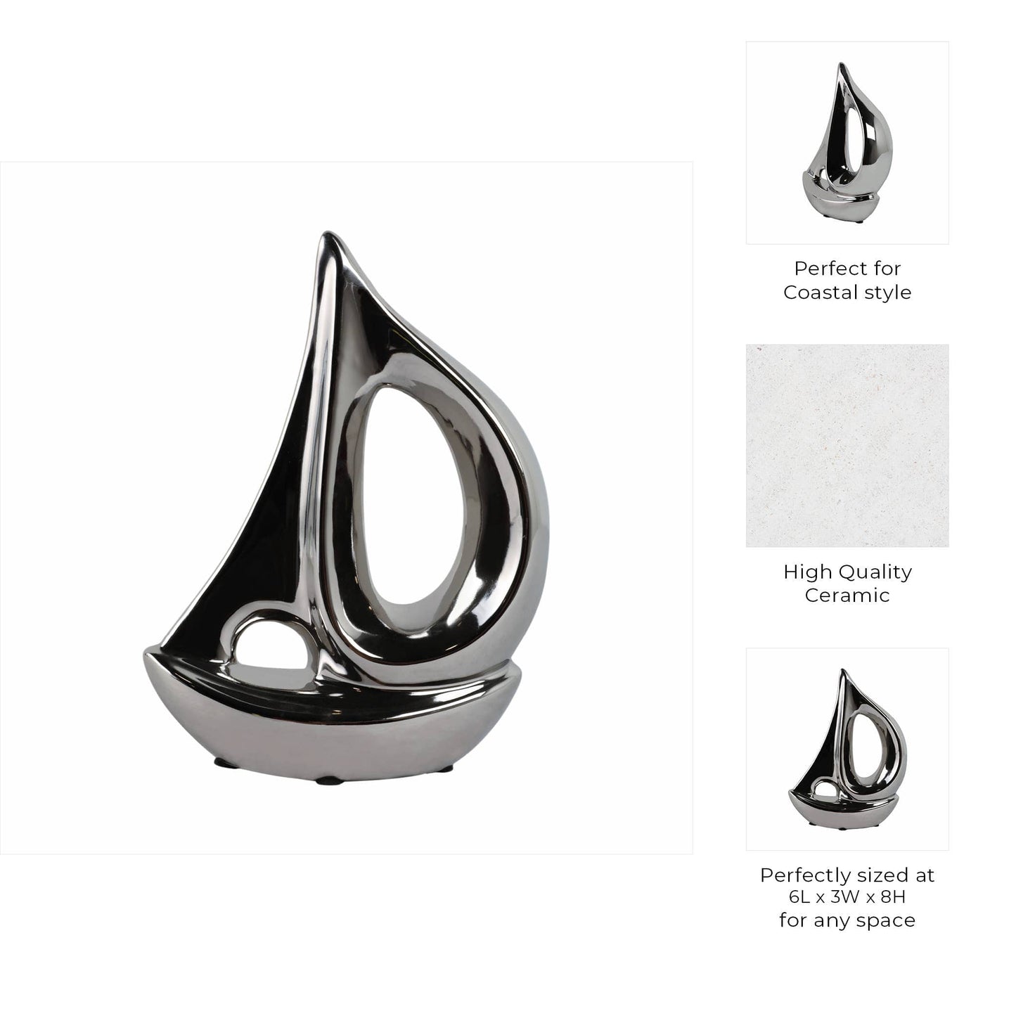 Ceramic Coastal Sailboat Sculpture Decor - Silver, 8 in.