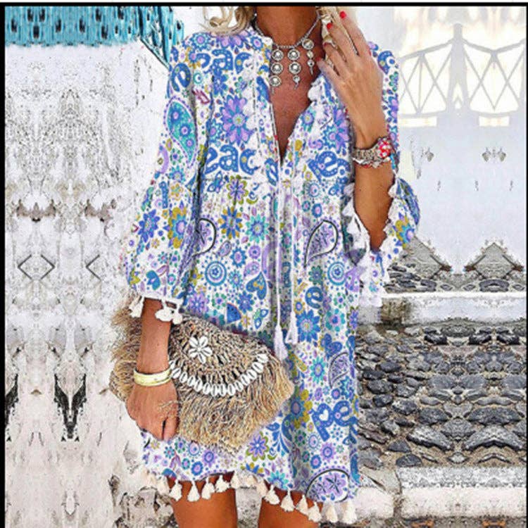 Women Print V Neck Tassel 3/4 Sleeve Shift Dress Bohemian Casual Knee Length Dress