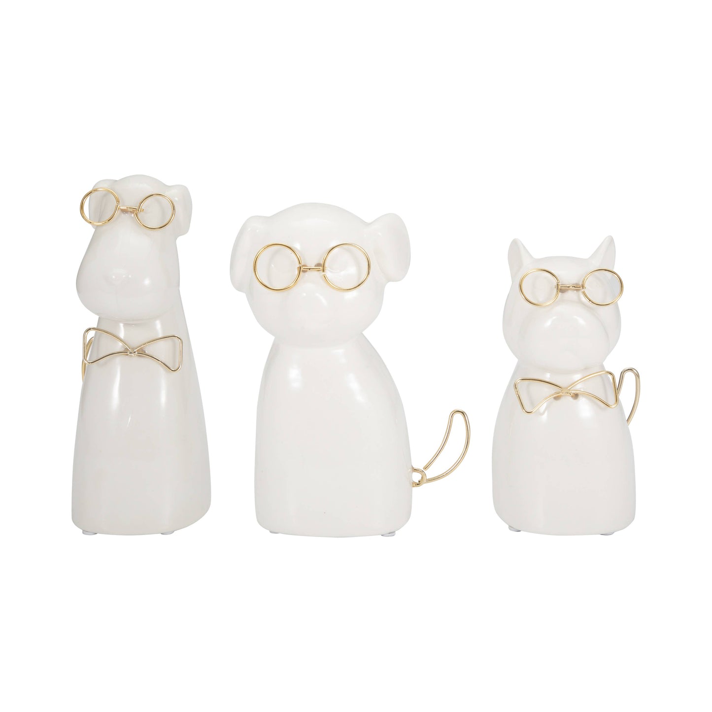 Figurine - White Ceramic Dog with Glasses and Bowtie, 7 in.