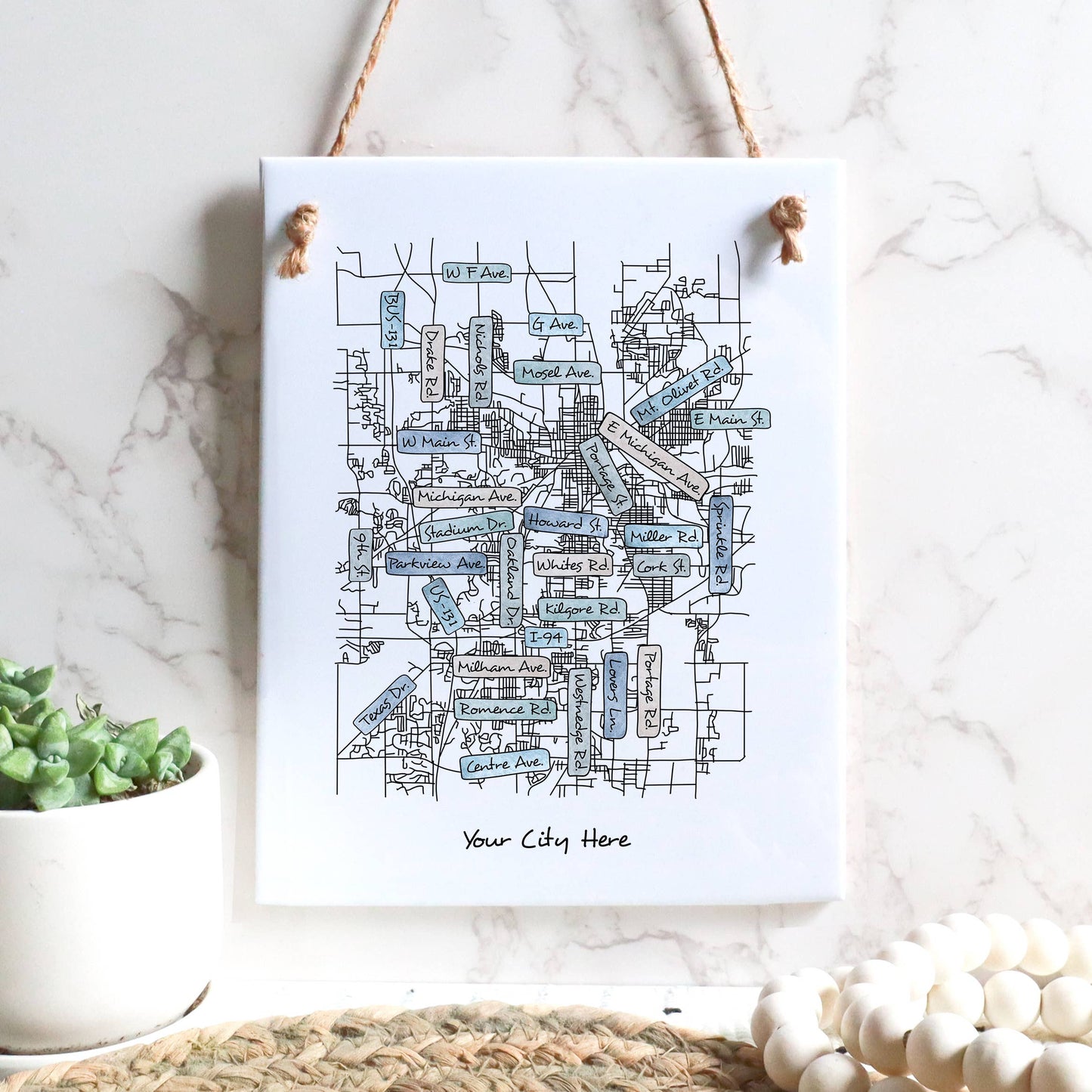 City Street Map Tile Sign - Rectangle - Custom Order