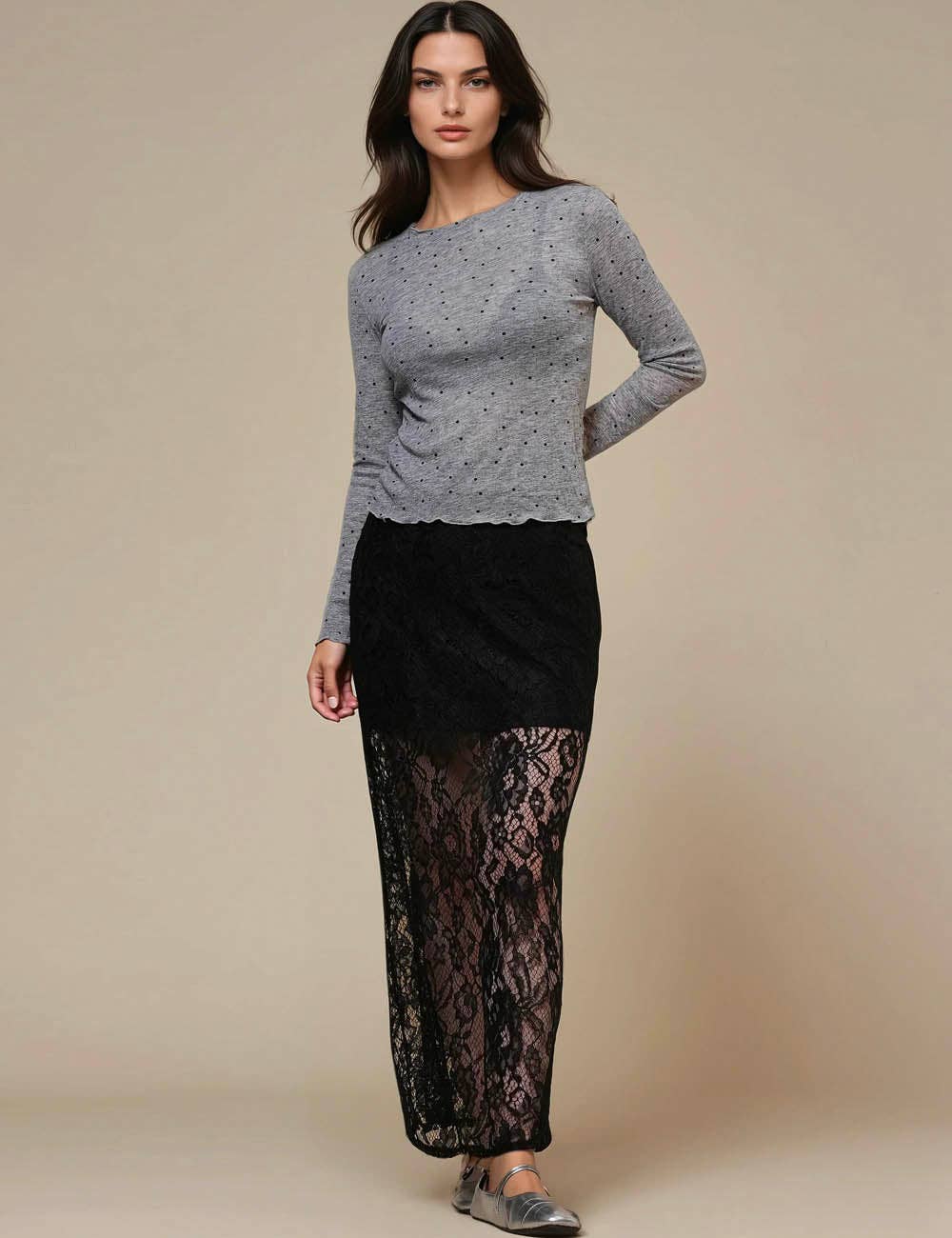 Ladies Dot Print See Sheer Layring Top SKT50744