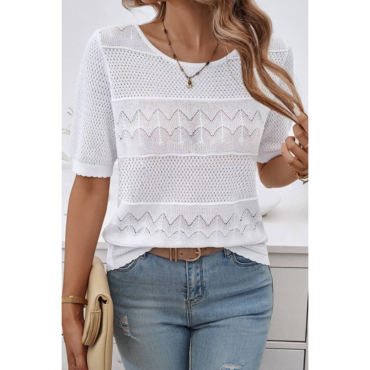 Crew Neck Hollow Lightweight Weaved Sweater Shirt