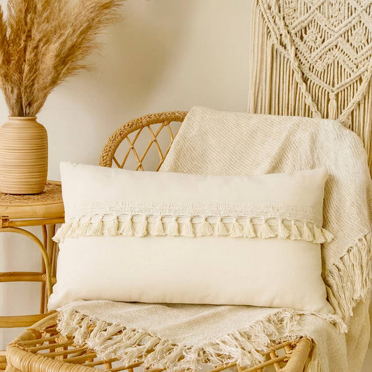 Boho Tassel Throw Pillow 12"x20" with Insert Home Decor