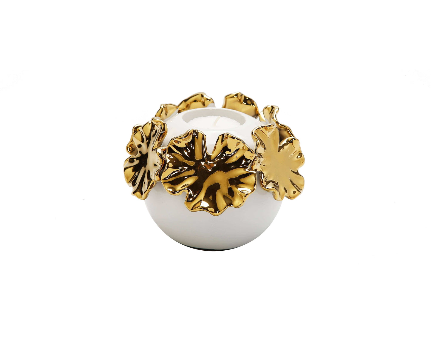White Ceramic Candle Holder Gold Flower Design