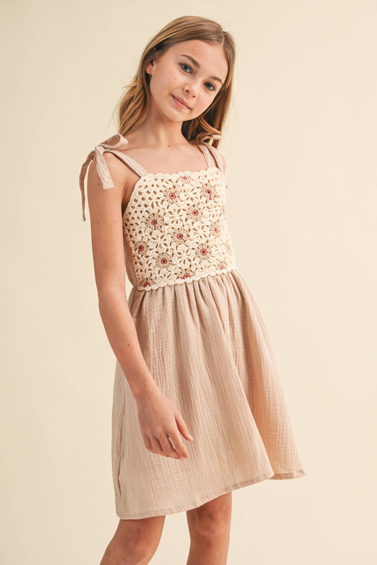 TWEEN KIDS GIRLS CROCHET TIE SHOULDER MINI DRESS (7-12)