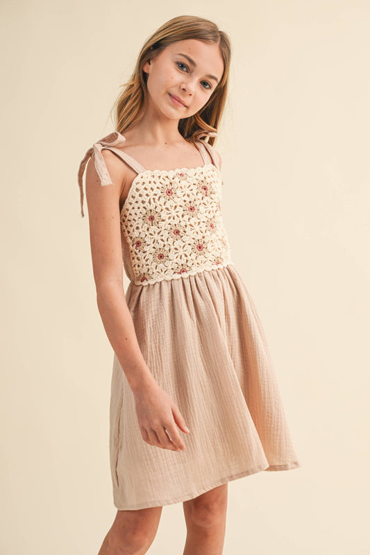 TWEEN KIDS GIRLS CROCHET TIE SHOULDER MINI DRESS (7-12)