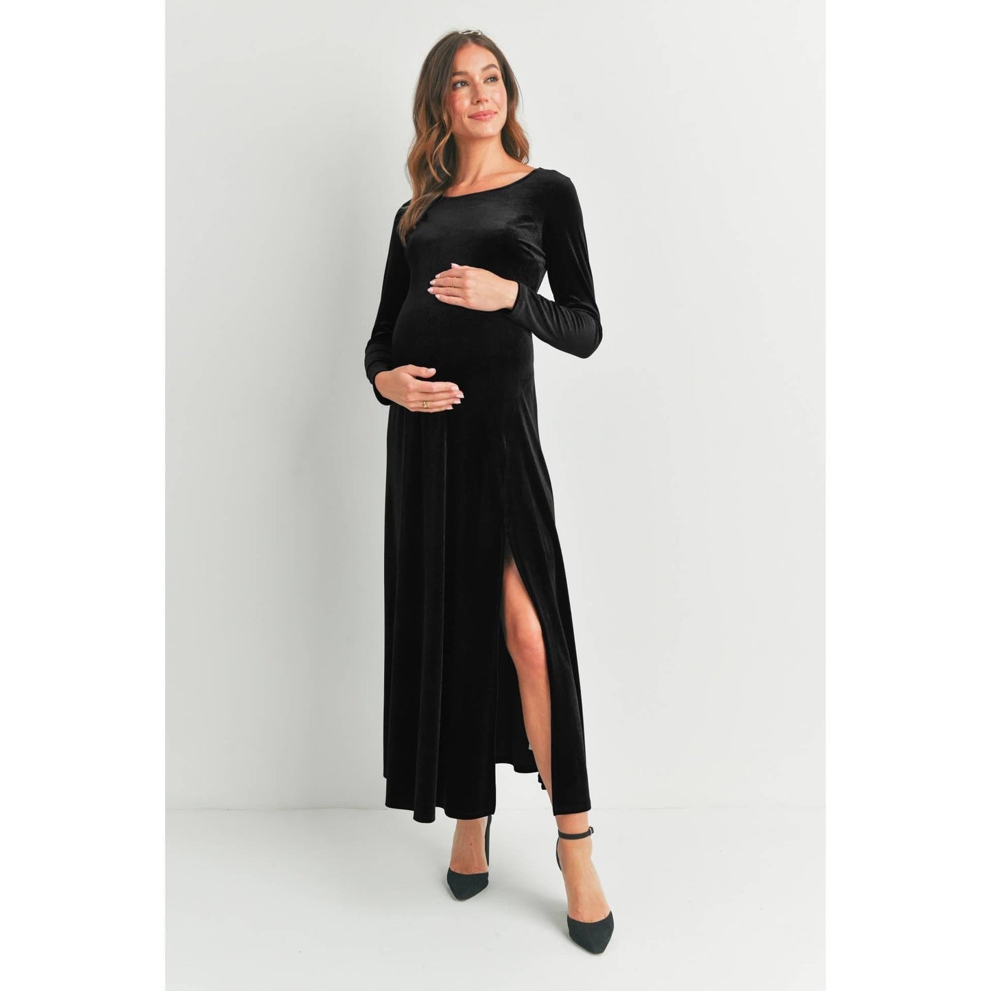Velvet Long Sleeve Maternity Midi Dress