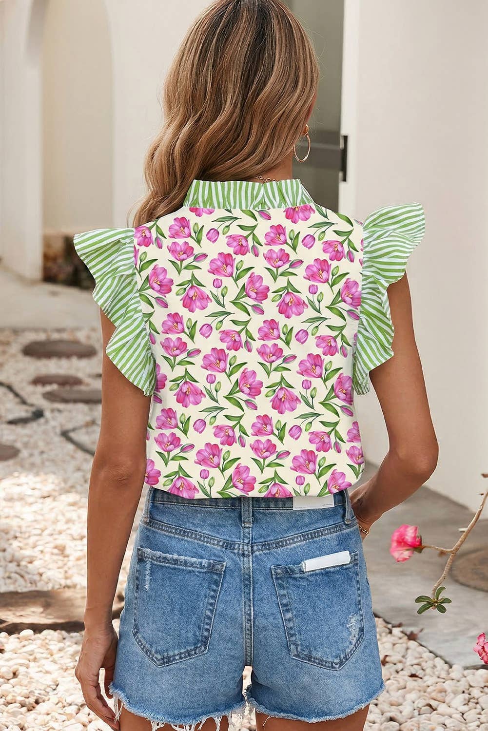 LDC Floral Striped Short Sleeve V Neck Blouse
