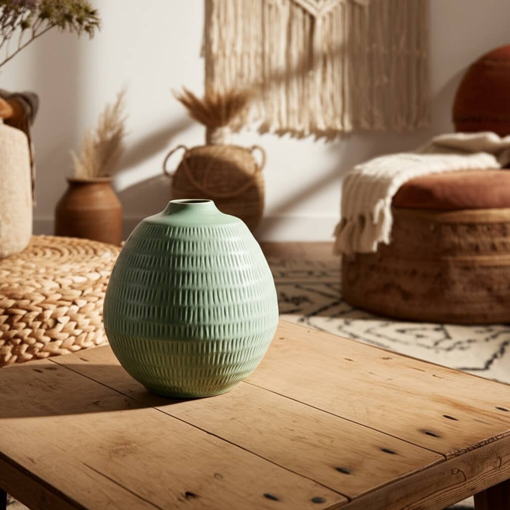 Ceramic Oval Stripe Decorative Vase - Green, 7 in.