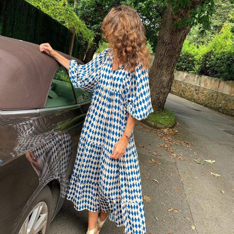 Geometric Abstract Collage Puff Sleeve Dress