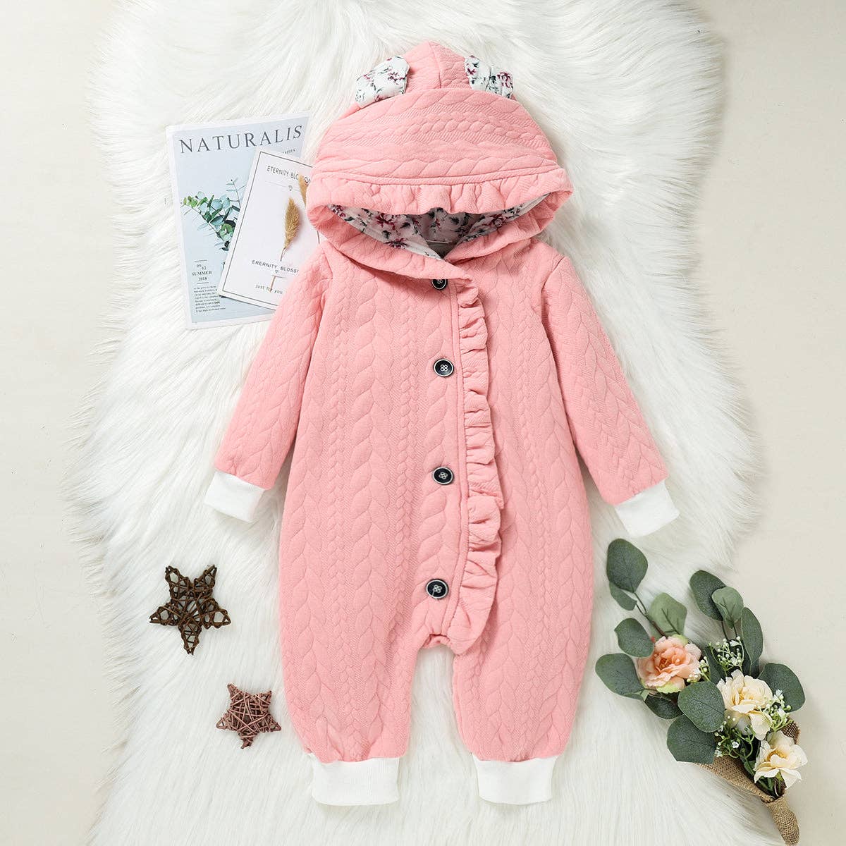 Hooded Baby Onesie with 3D Ears & Thick Lining