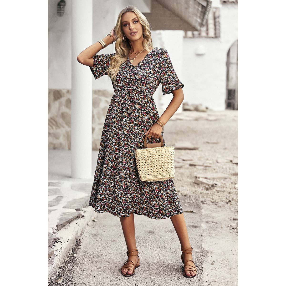 Floral Print Fit Ruffle Sleeve Midi Dress