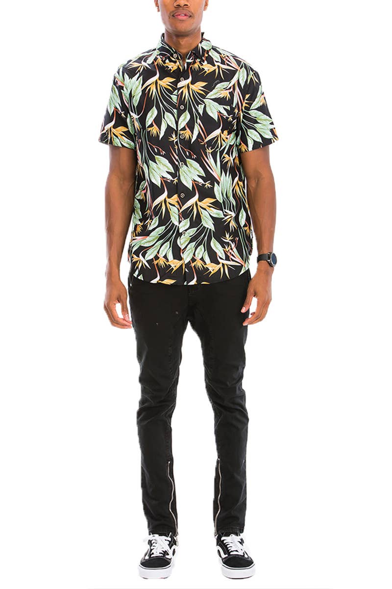 WS7024 Polyester Hawaiian Print Button Down Short Sleeve