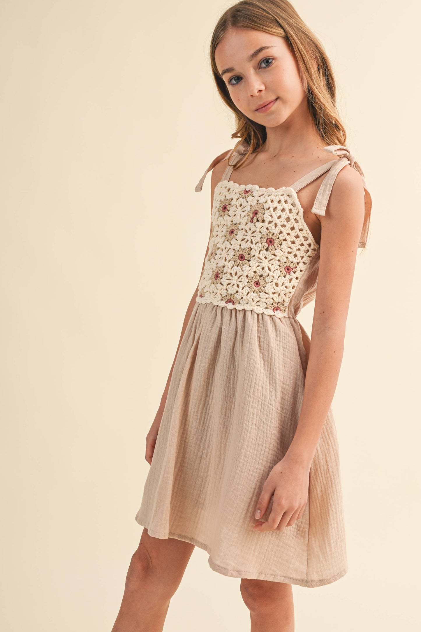 TWEEN KIDS GIRLS CROCHET TIE SHOULDER MINI DRESS (7-12)