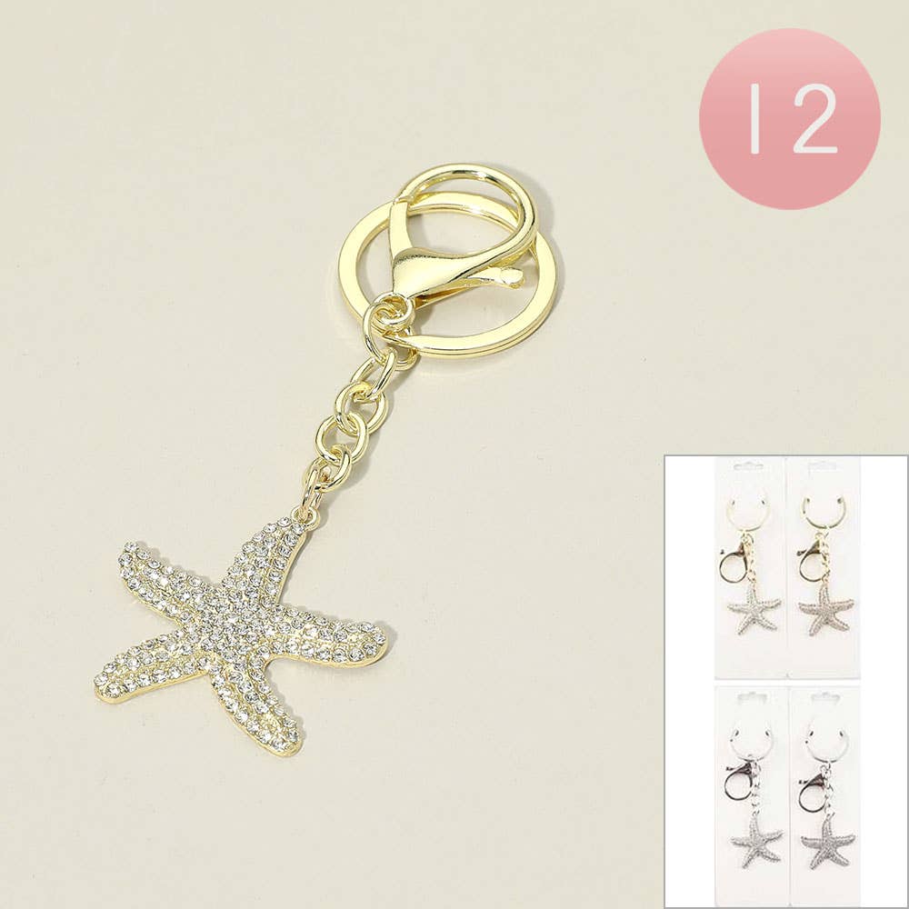 12PCS - Rhinestone Pave Starfish Bag Charm Keychains