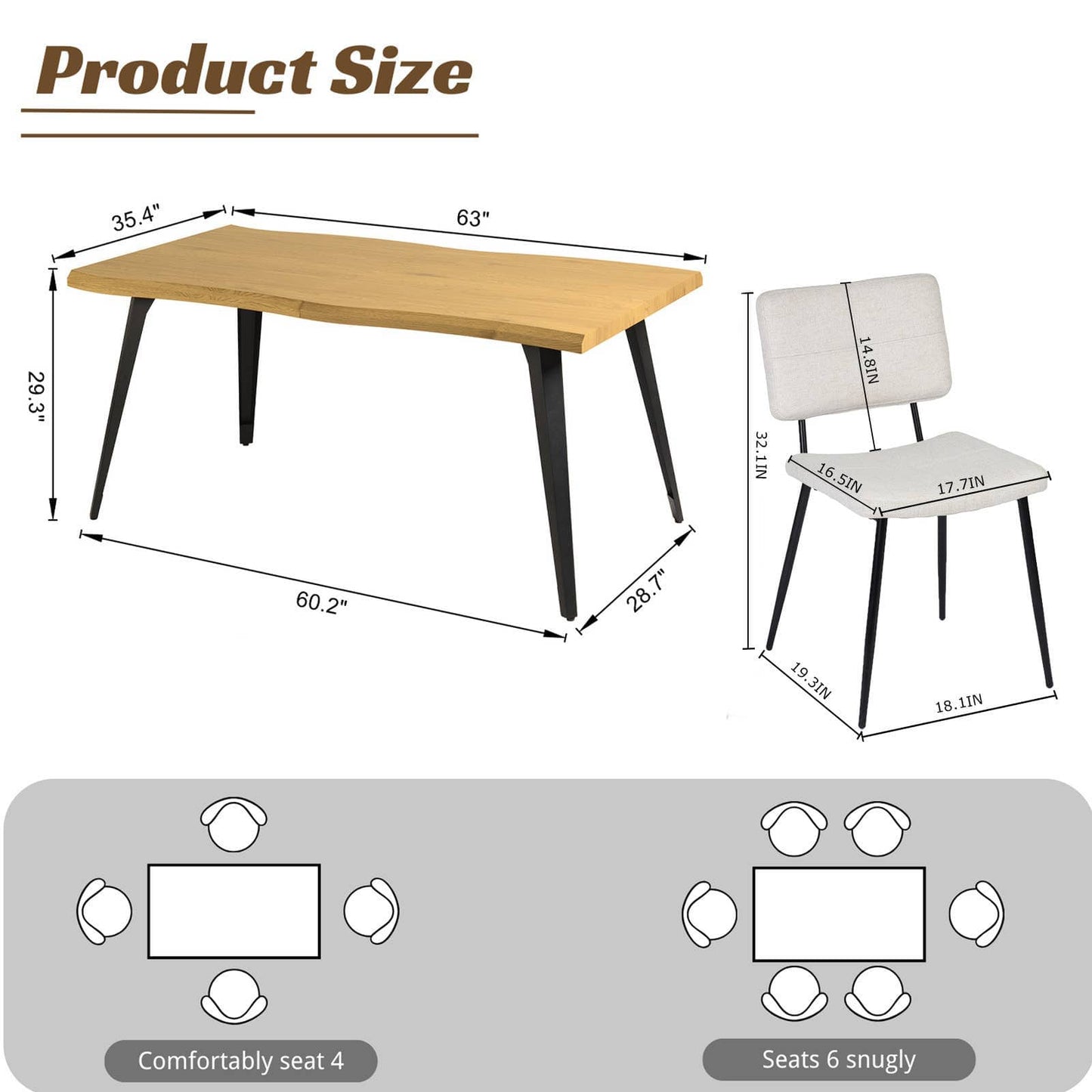 5-Piece Dining Set-63" Wave-Edge Table and Chair Options