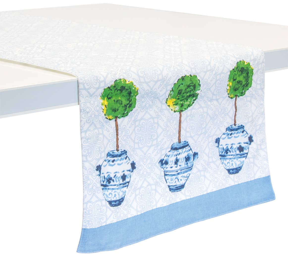 Blue Topiary Cotton Table Runner