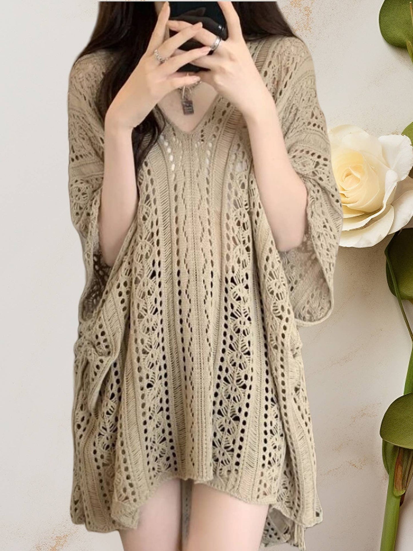 JC063308 Sided-Tassel Detailed Crochet Tunic