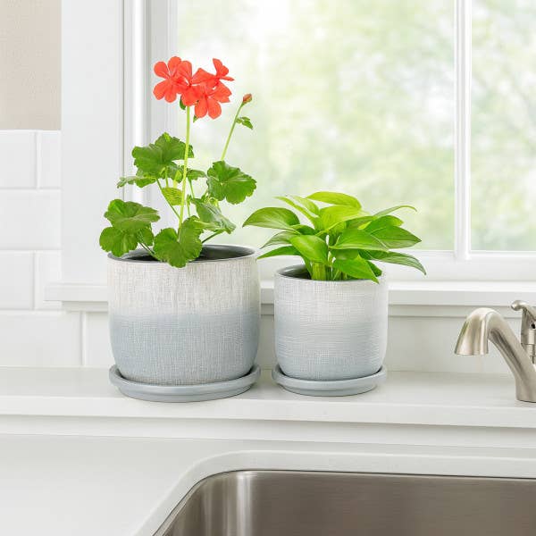 Planters Set of 2 - Silver Ceramic Textured Saucer, 5/6 in.