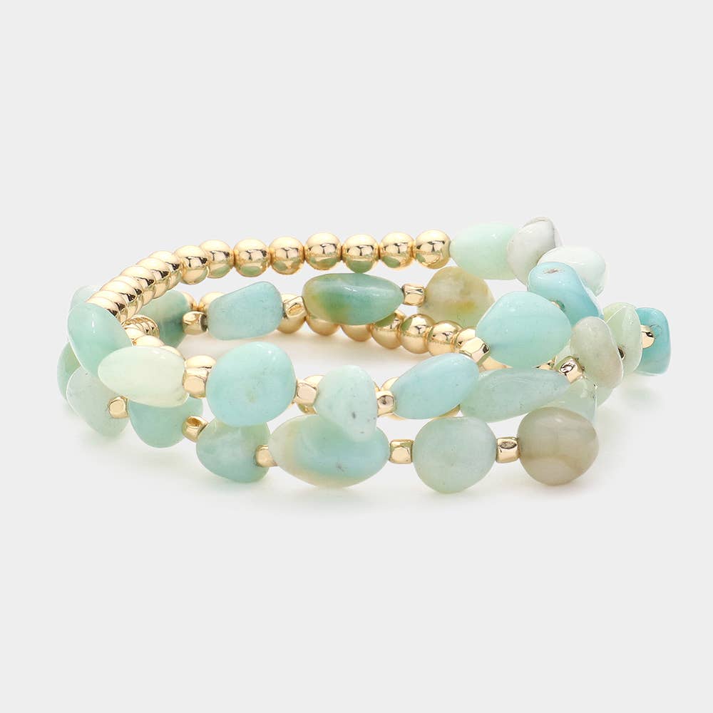 3PCS - Natural Stone Accented Metal Ball Beaded Stretch Multi Layered Bracelets
