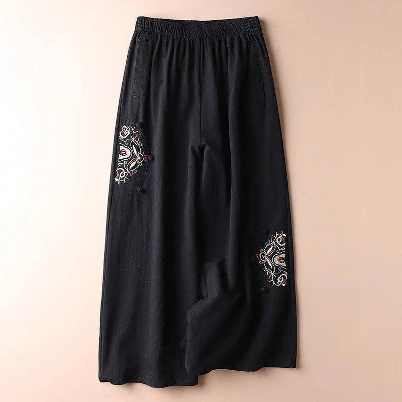 Vintage Embroidered Wide-Leg Cropped Pants