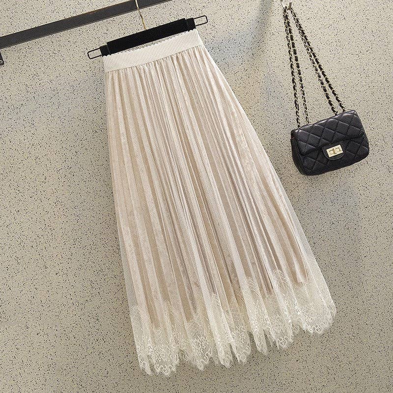 Lace Patchwork Pleated Velvet Midi Skirt