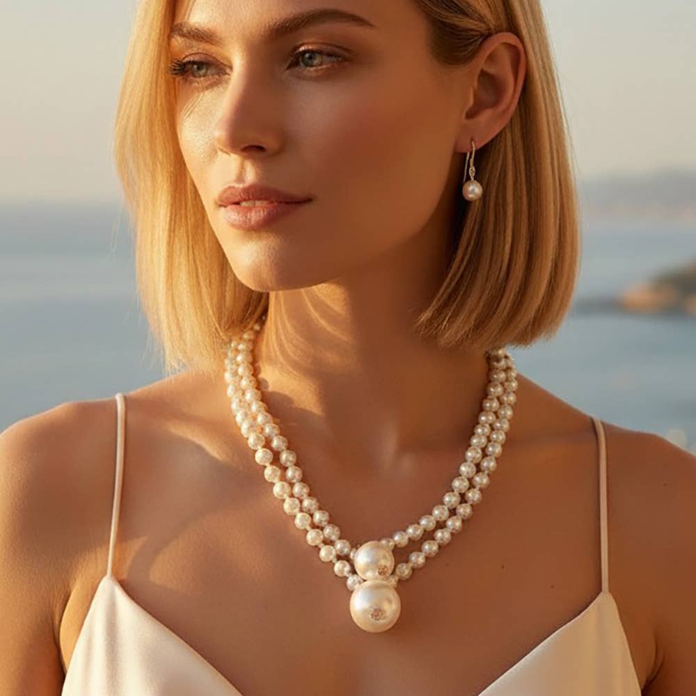 Pearl Ball Drop Beaded Double Layered Statement Necklace