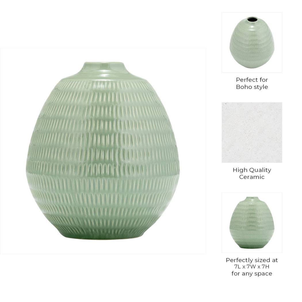 Ceramic Oval Stripe Decorative Vase - Green, 7 in.