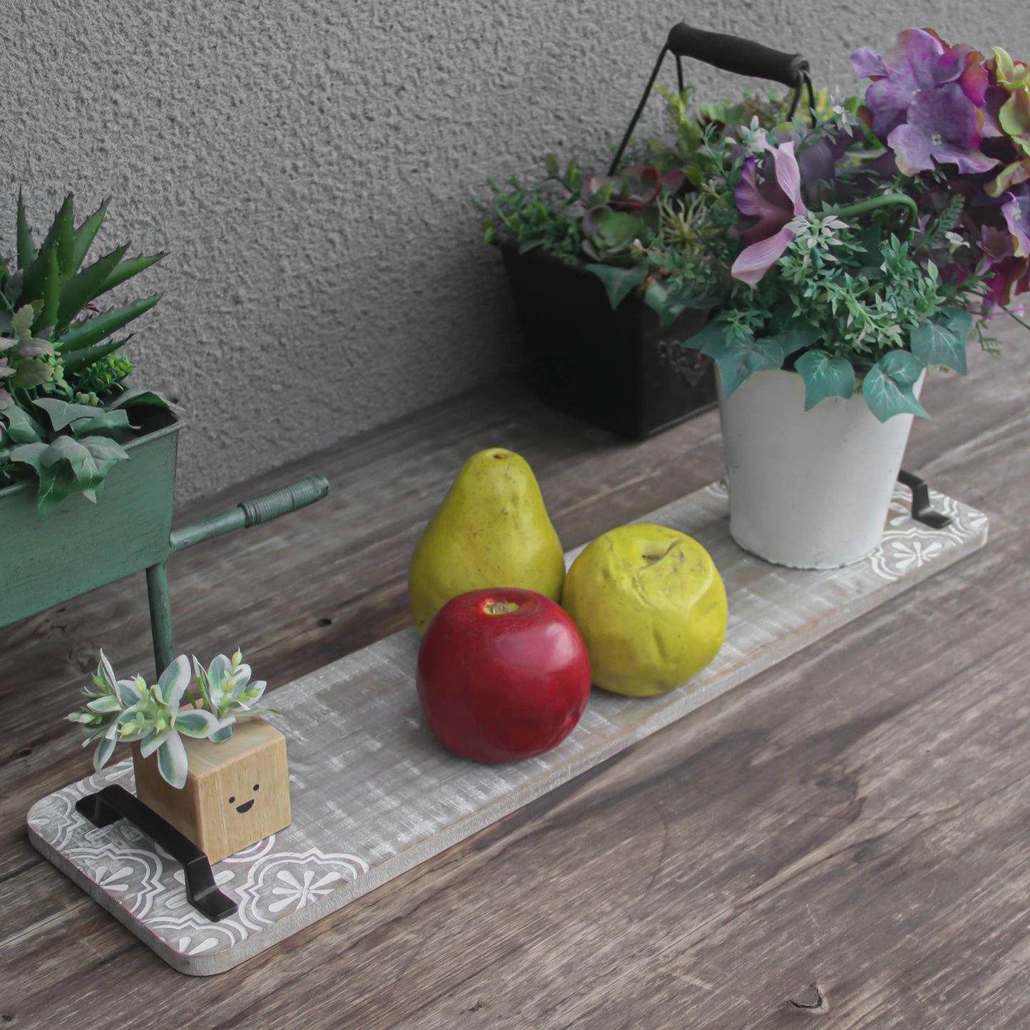 Rustic Solid Wooden Serving Tray with Metal Handle