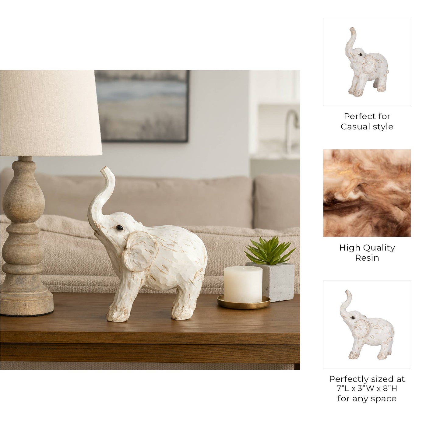 Resin Elephant Statue Decorative Sculpture - White, 8 in.