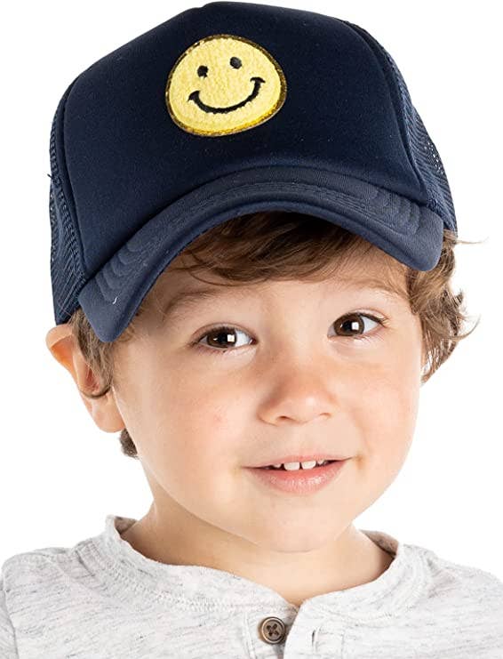 Kids Foam Trucker Hat - Smiley Chenille Patch (navy/yellow)