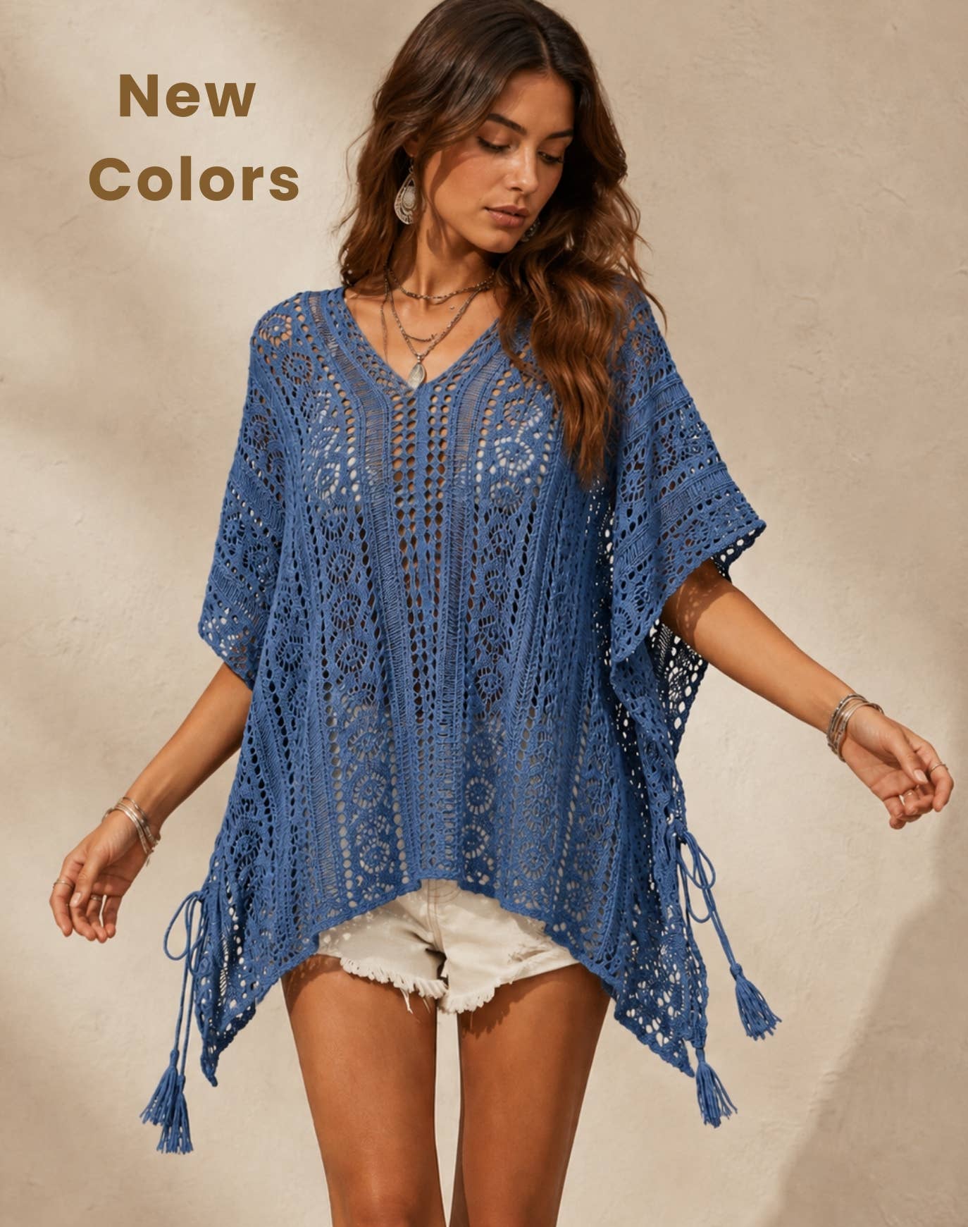 JC063308 Sided-Tassel Detailed Crochet Tunic
