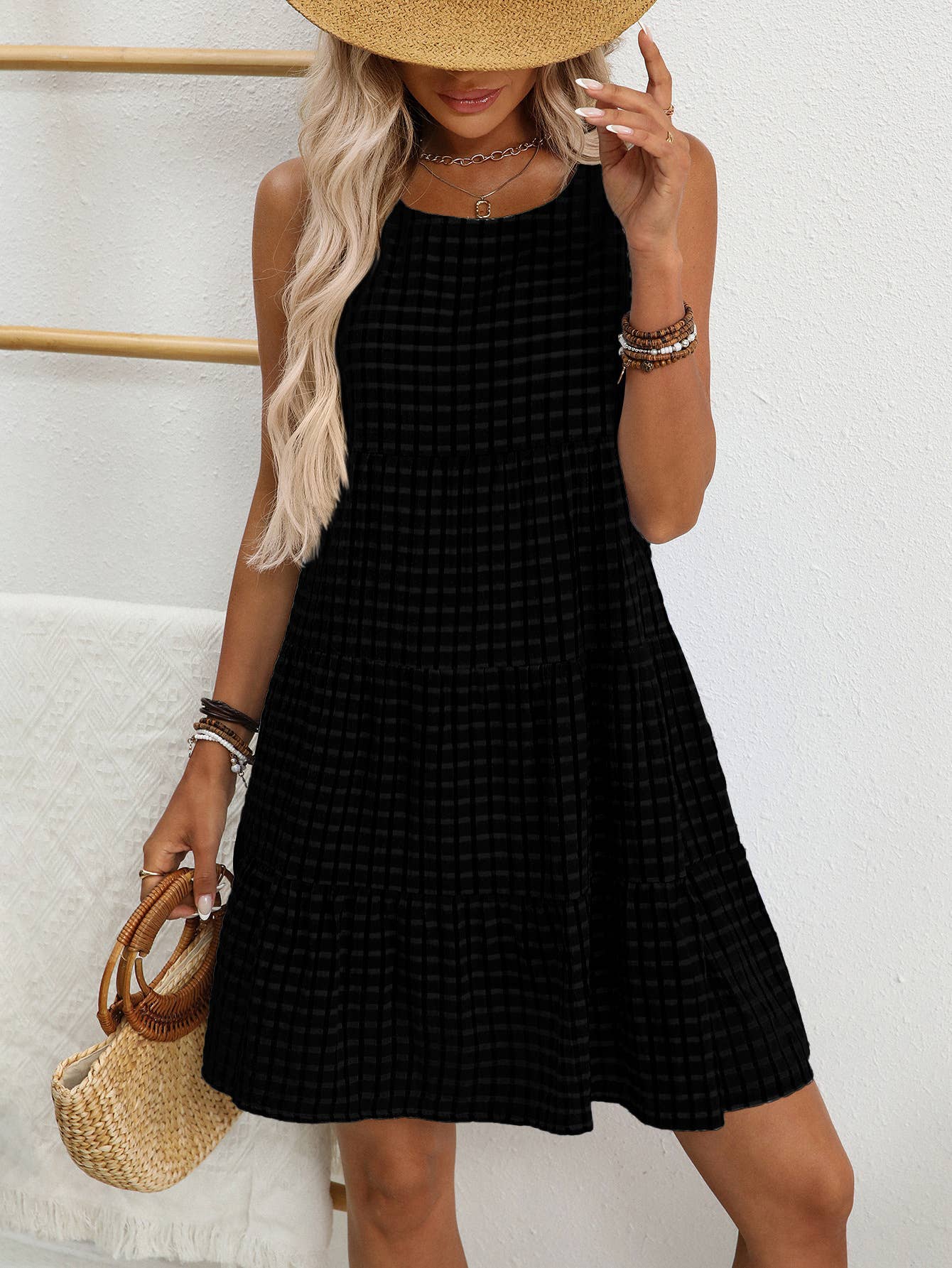 Checkered Tiered Sleeveless Mini Dress