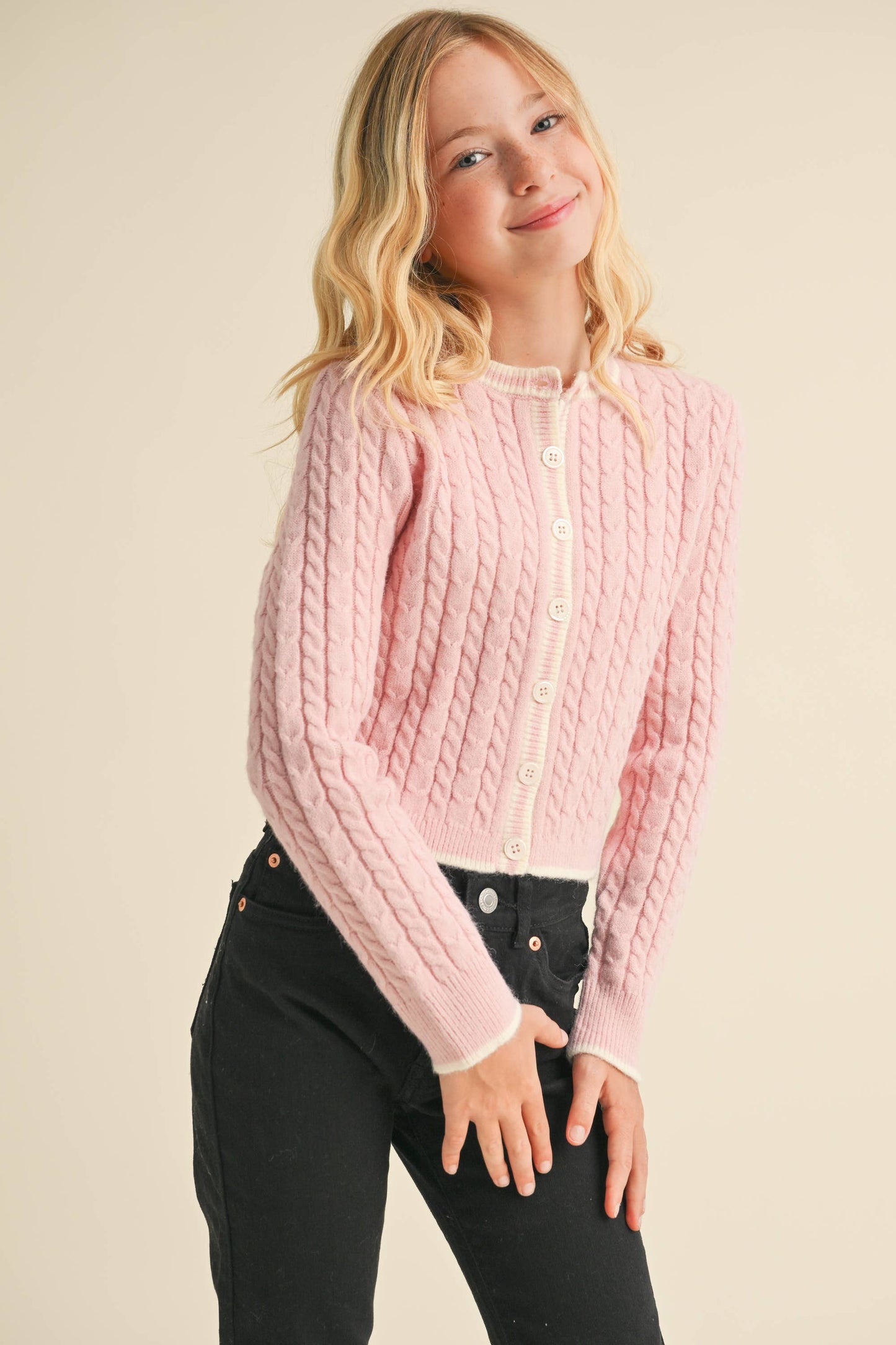 TWEEN KIDS GIRLS CREW NECK CROPPED CARDIGAN (7-14)