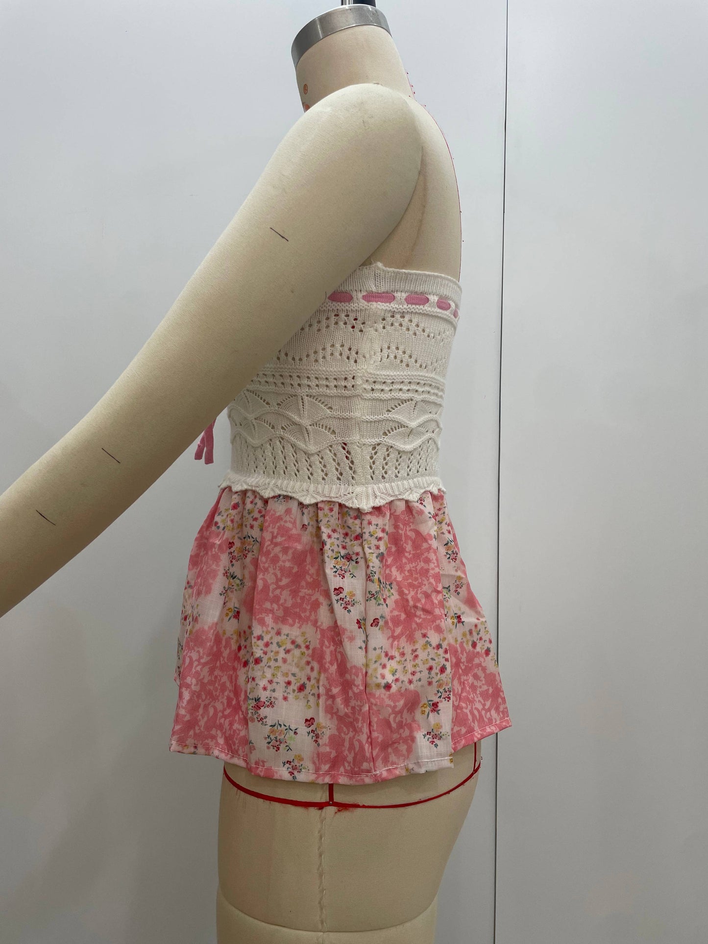 Pink Knit Strapless Tie-Front Crop Top