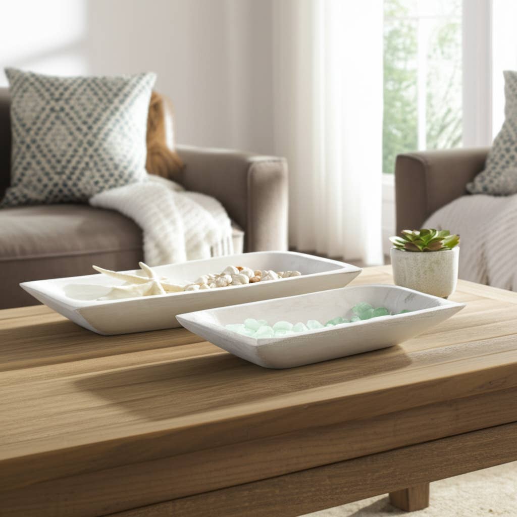White 15in. Wooden Rectangular Coastal Trays