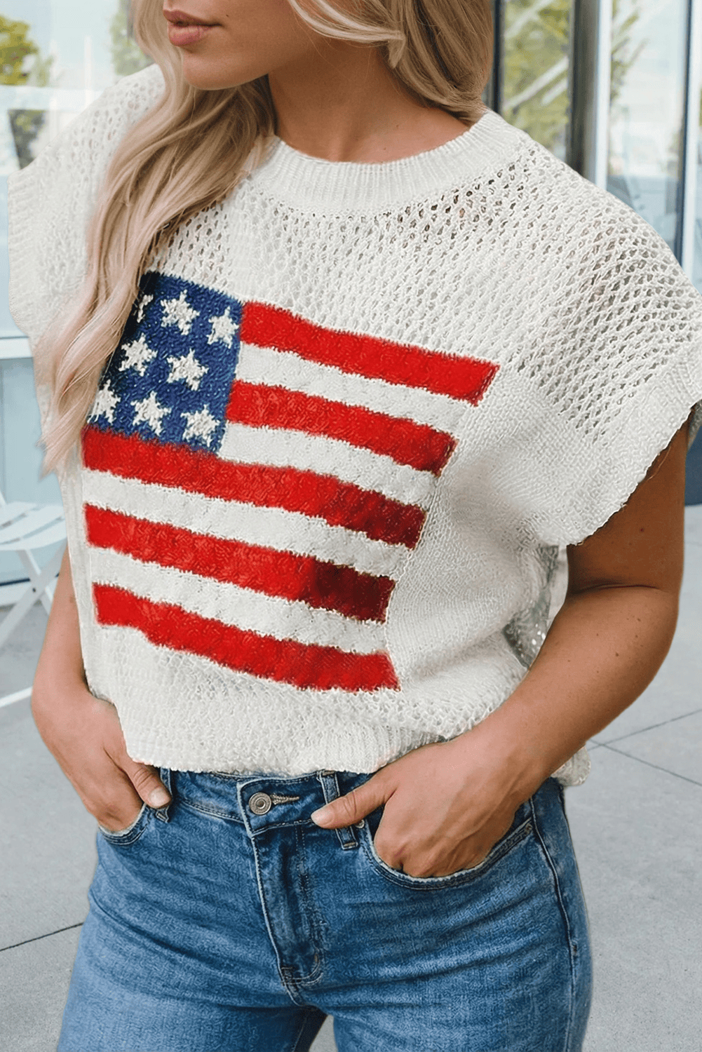 Spring Flag Graphic Short Sleeve Sweater Top (S-XL)